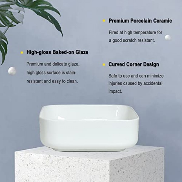 팝업 배수 장치가 있는 Bathivy 용기 싱크, 15x15 흰색 욕실 싱크 직사각형 카운터 위 세라믹 도자기 세면기 싱크대 욕실 세면대 용기 싱크대 세면대 아트 세면대(흰색)