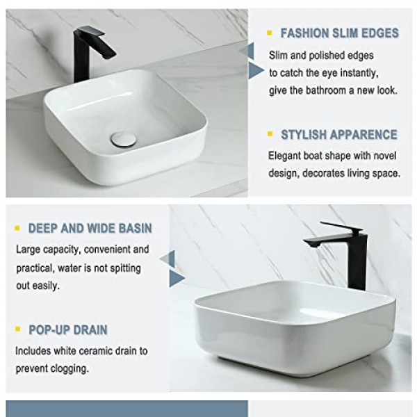팝업 배수 장치가 있는 Bathivy 용기 싱크, 15x15 흰색 욕실 싱크 직사각형 카운터 위 세라믹 도자기 세면기 싱크대 욕실 세면대 용기 싱크대 세면대 아트 세면대(흰색)