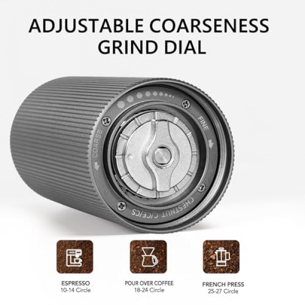 TIMEMORE 수동 커피 그라인더 핸드 커피 그라인더 스테인레스 스틸 원추형 버 밤나무 C2 MAX 내부 조절 가능 설정 용량 30g 여행, 캠핑, 가정용 프렌치 프레스 커피 다크 그