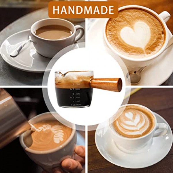 에스프레소 샷 유리 75ML 싱글 스파우트 에스프레소 측정 컵 액세서리, 바리스타 밀크 커피 에스프레소 만들기용 나무 손잡이 포함(1팩)