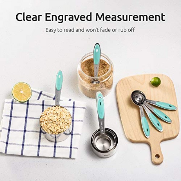 계량 컵 : U-Taste 18/8 스테인레스 스틸 계량 컵 및 스푼 10개 세트, 업그레이드된 두께 손잡이(Aqua Sky)