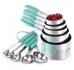 계량 컵 : U-Taste 18/8 스테인레스 스틸 계량 컵 및 스푼 10개 세트, 업그레이드된 두께 손잡이(Aqua Sky)