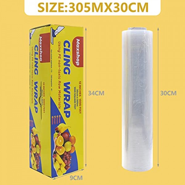 MAXSHOP 클링 랩 12인치 x 1000피트, 슬라이드 커터가 있는 클링 랩, 식품용 랩 BPA가 없는 전자레인지 및 냉동고 안전하고 투명한 식품 주방 빠른