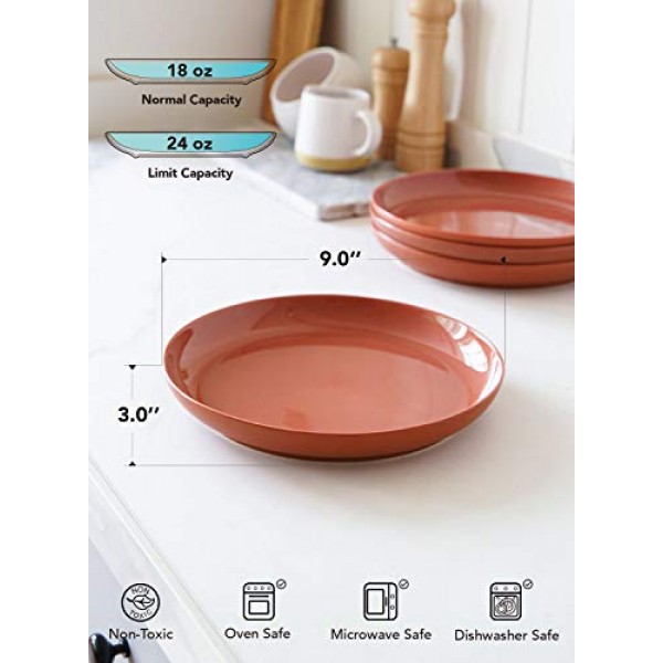 LE TAUCI 디너 플레이트 9인치, 파스타, 리조또, 푹신한 팬케이크, 식기세척기 전자레인지용 세라믹 샐러드 접시 세트, 4개 세트, 테라코타