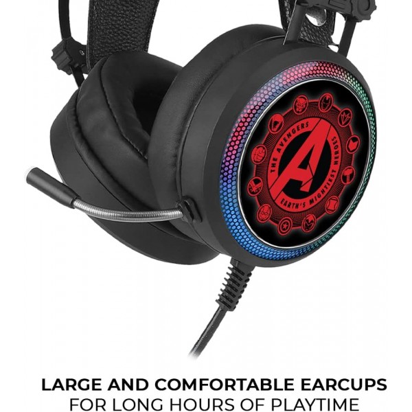 마이크가 있는 ERT GROUP 게임용 헤드폰, 조정 가능한 헤드밴드가 있는 LED 헤드폰 원본 및 공식 라이선스 Marvel Pattern Avengers 003