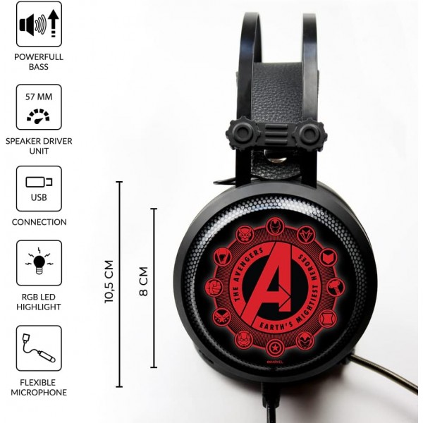 마이크가 있는 ERT GROUP 게임용 헤드폰, 조정 가능한 헤드밴드가 있는 LED 헤드폰 원본 및 공식 라이선스 Marvel Pattern Avengers 003