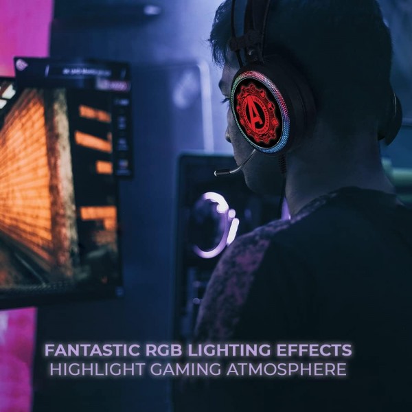 마이크가 있는 ERT GROUP 게임용 헤드폰, 조정 가능한 헤드밴드가 있는 LED 헤드폰 원본 및 공식 라이선스 Marvel Pattern Avengers 003