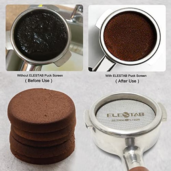 58.5mm 에스프레소 퍽 스크린(스탠드 포함) | Gaggia, Calphalon, Breville 에스프레소 머신과 호환되는 홀더가 있는 재사용 가능한 316L 스테인레스 스틸 150μm 필터 퍽 스크린 58m