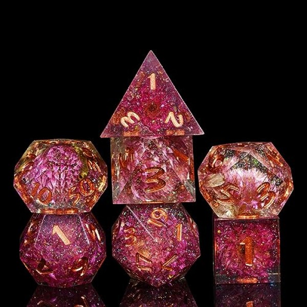 Cusdie Sharp Edges DND 주사위, 7 PC 꽃 주사위 세트 D&D D20 D12 D10 D8 D6 D4, Dungeons & Dragons RPG Pathfinder 및 기타 테이블 게임(Gomphrena Globosa)용 수제 다면체 주사위 세트