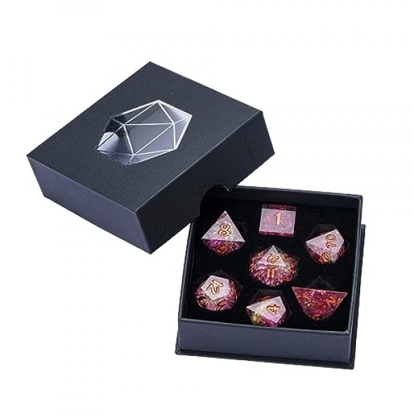 Cusdie Sharp Edges DND 주사위, 7 PC 꽃 주사위 세트 D&D D20 D12 D10 D8 D6 D4, Dungeons & Dragons RPG Pathfinder 및 기타 테이블 게임(Gomphrena Globosa)용 수제 다면체 주사위 세트