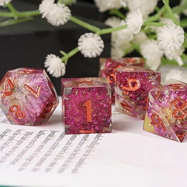 Cusdie Sharp Edges DND 주사위, 7 PC 꽃 주사위 세트 D&D D20 D12 D10 D8 D6 D4, Dungeons & Dragons RPG Pathfinder 및 기타 테이블 게임(Gomphrena Globosa)용 수제 다면체 주사위 세트