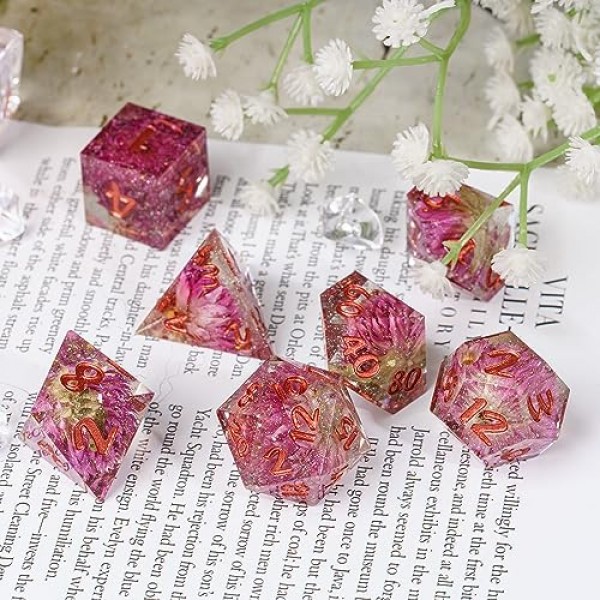 Cusdie Sharp Edges DND 주사위, 7 PC 꽃 주사위 세트 D&D D20 D12 D10 D8 D6 D4, Dungeons & Dragons RPG Pathfinder 및 기타 테이블 게임(Gomphrena Globosa)용 수제 다면체 주사위 세트
