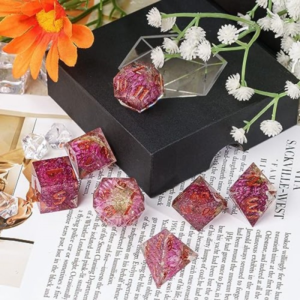 Cusdie Sharp Edges DND 주사위, 7 PC 꽃 주사위 세트 D&D D20 D12 D10 D8 D6 D4, Dungeons & Dragons RPG Pathfinder 및 기타 테이블 게임(Gomphrena Globosa)용 수제 다면체 주사위 세트