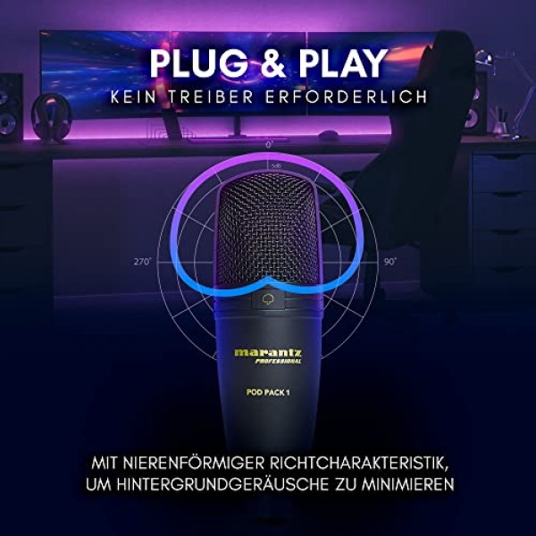 Marantz Professional Pod Pack 1 - 전문가용 USB 콘덴서 마이크, 완전히 조절 가능한 스탠드 및 USB 케이블이 포함된 완벽한 팟캐스팅 키트
