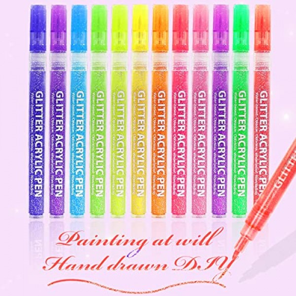 SMOOTHERPRO 반짝이 페인트 펜 아크릴 잉크 마커 12 색 0.7mm 바위 그림 어린이를위한 수성 그림 용품 성인 유리 목재 세라믹 직물 장식 (LGP12)