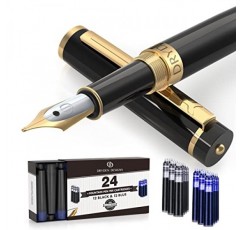 Dryden Designs 만년필 - 미디엄 펜촉 0.5mm | 잉크 카트리지 24개 및 잉크 리필 변환기 포함 | 서예 펜, 일관된 쓰기, 부드러운 흐름, 왼손잡이 및 오른손잡이 - 강렬한 검정색