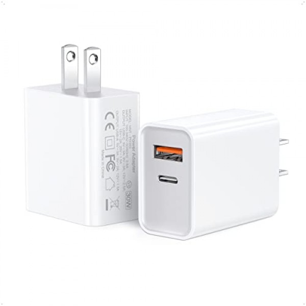 2Pack USB C 충전기, 30W PD QC 3.0 듀얼 포트 유형 C 충전기 고속 충전 블록, MacBook Air/iPhone 15/14 Pro/14 Pro Max/14 Plus/13/12, Samsung iPad Pro Google AirPods용 GaN USB C 벽면 플러그 어댑터