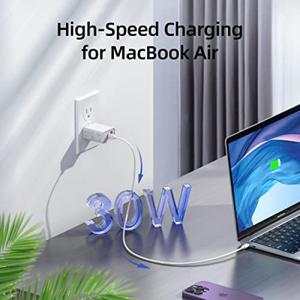 2Pack USB C 충전기, 30W PD QC 3.0 듀얼 포트 유형 C 충전기 고속 충전 블록, MacBook Air/iPhone 15/14 Pro/14 Pro Max/14 Plus/13/12, Samsung iPad Pro Google AirPods용 GaN USB C 벽면 플러그 어댑터