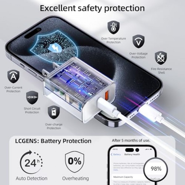 2Pack USB C 충전기, 30W PD QC 3.0 듀얼 포트 유형 C 충전기 고속 충전 블록, MacBook Air/iPhone 15/14 Pro/14 Pro Max/14 Plus/13/12, Samsung iPad Pro Google AirPods용 GaN USB C 벽면 플러그 어댑터