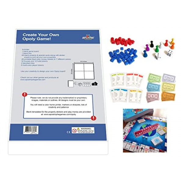 나만의 Opoly 보드 게임 만들기 – 보드 게임 액세서리, 빈 카드, 속성 카드가 포함된 빈 게임 보드 – DIY 가족 게임, 창의적인 프로젝트에 이상적