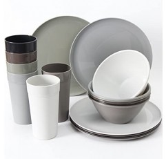 Youngever 18피스 플라스틱 주방 식기 세트, 접시, 접시, 그릇, 컵, 6인 서비스(어반 컬러)