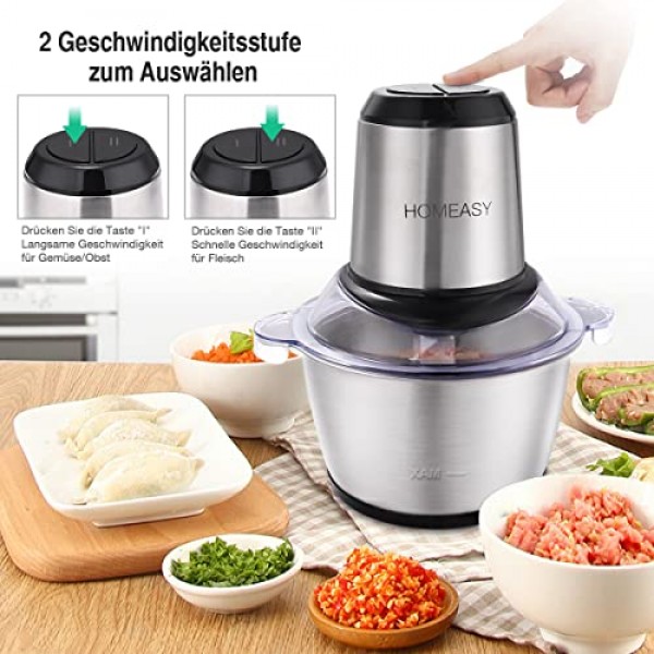 HOMEASY 다지기 주방 전기 350W 멀티 다지기, 2L 스테인리스 스틸 용기, 2단계 속도, 스테인리스 스틸 칼 4개, 고기, 양파, 과일, 야채용 범용 다지기