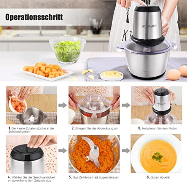 HOMEASY 다지기 주방 전기 350W 멀티 다지기, 2L 스테인리스 스틸 용기, 2단계 속도, 스테인리스 스틸 칼 4개, 고기, 양파, 과일, 야채용 범용 다지기