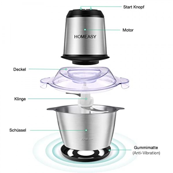 HOMEASY 다지기 주방 전기 350W 멀티 다지기, 2L 스테인리스 스틸 용기, 2단계 속도, 스테인리스 스틸 칼 4개, 고기, 양파, 과일, 야채용 범용 다지기