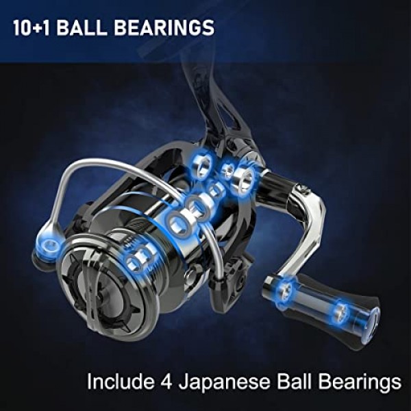 Tempo Apex 스피닝 릴 - 10+1 BB로 회전하는 초경량 마그네슘 바디 낚시 릴, 탄소 섬유 최대 드래그 39 LB, 배스 송어 메기용 알루미늄 샤프트와 손잡이가 있는 부드러운 낚시