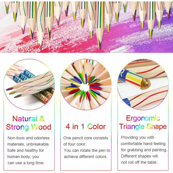 EMAGEREN 30 개 레인보우 연필 4 in 1 드로잉 연필 레인보우 색연필 세트 레인보우 색 색연필 매직 연필 색연필 나무 예술 드로잉, 색칠 및 스케치를위한 여러 가지 빛깔의