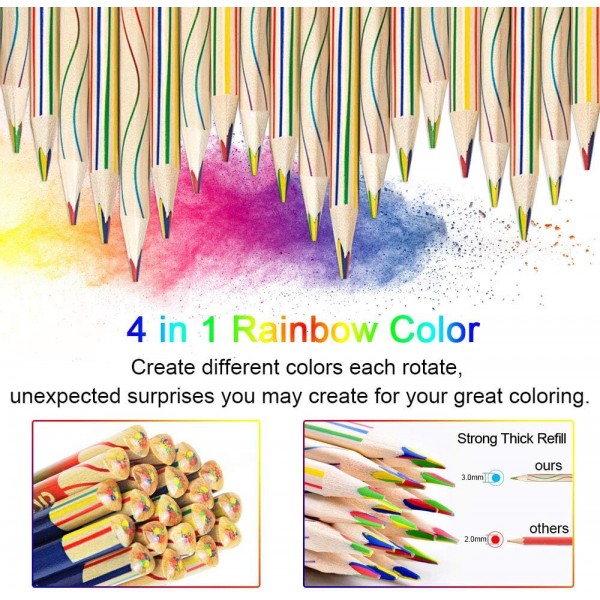 EMAGEREN 30 개 레인보우 연필 4 in 1 드로잉 연필 레인보우 색연필 세트 레인보우 색 색연필 매직 연필 색연필 나무 예술 드로잉, 색칠 및 스케치를위한 여러 가지 빛깔의
