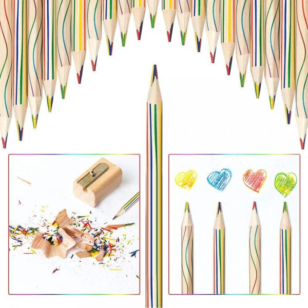 EMAGEREN 30 개 레인보우 연필 4 in 1 드로잉 연필 레인보우 색연필 세트 레인보우 색 색연필 매직 연필 색연필 나무 예술 드로잉, 색칠 및 스케치를위한 여러 가지 빛깔의