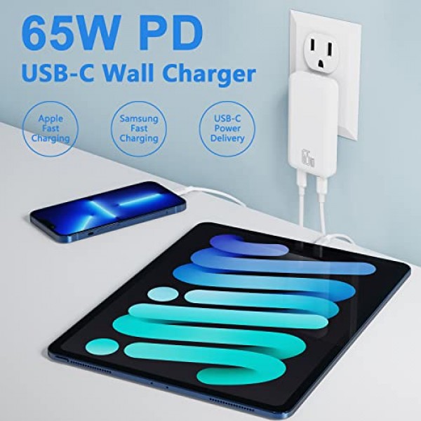 SANKTON 65W 2포트 접이식 USB C 슬림 벽면 충전기(지능형 전력 할당 포함), iPhone, Samsung, MacBook Pro/Air, iPad, 노트북, 흰색용 고속 PD GaN 충전기