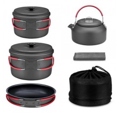 Alocs 캠핑 조리기구 세트, 내구성이 뛰어난 알루미늄 캠핑 요리 세트, 주전자가 포함된 소형 캠핑 냄비 및 팬 세트, 야외 요리, 하이킹 및 피크닉을 위한 붙지 않는 캠