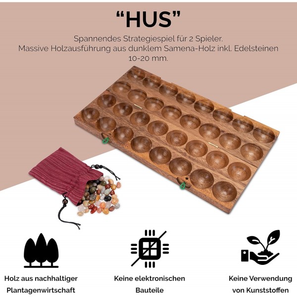 LOGOPLAY Hus - Bao - Kalaha - Mancala - 스톤 게임 - 보석을 포함한 Samena 나무로 만든 보석 게임