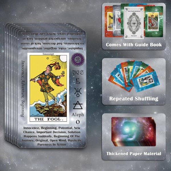 의미가 있는 Smoostart 타로 카드, 초보자를 위한 가이드북이 있는 타로, 키워드, 요소, 행성, 조디악, 차크라, 예 또는 아니요, 음조, 수비학, 히브리어 알파벳