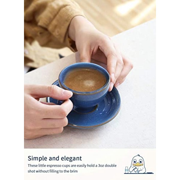 LE TAUCI 6온스 카푸치노 컵(받침 포함), 오레용 세라믹 커피잔, 더블 샷, 라떼, 카페 모카, 차 - 4개 세트, 실론 블루