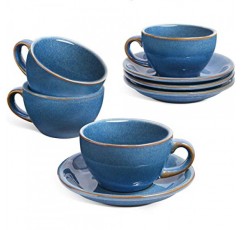 LE TAUCI 6온스 카푸치노 컵(받침 포함), 오레용 세라믹 커피잔, 더블 샷, 라떼, 카페 모카, 차 - 4개 세트, 실론 블루