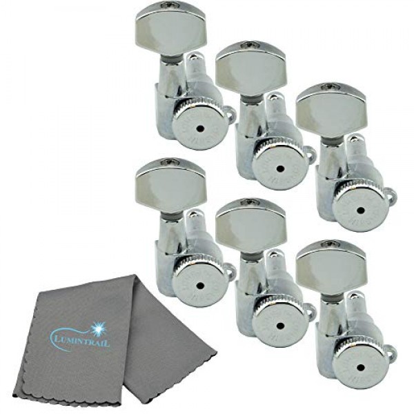 Hipshot 기타 튜너 업그레이드 키트(인라인 헤드스톡 6개) 그립 잠금 폐쇄형 베이스 사이드 크롬 비 스태거드 - Lumintrail 연마 천이 포함된 6K1EL0C 번들