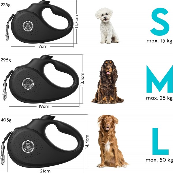 HUND IS KÖNIG® 개폐식 가죽끈 소형 및 대형견용 개 가죽끈 5m | 편안한 손잡이가 있는 고품질 확장형 개 가죽끈 | 스마트 제동 시스템으로 보행을 위한 견고한 풀아웃 가