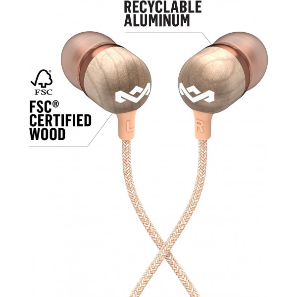 House of Marley 'Smile Jamaica' 유선 헤드폰 - 마이크가 있는 인이어 헤드폰, 1버튼 제어 및 소음 차단, 젤 팁 2개 및 엉킴 방지 케이블(구리/로즈 골드) 포함