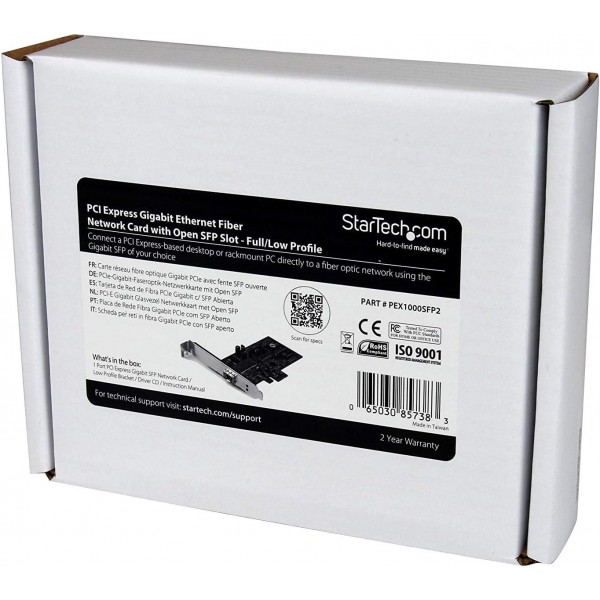 StarTech.com PCI Express 기가비트 이더넷 광섬유 네트워크 카드 w/ 개방형 SFP - PCIe GbE SFP 네트워크 카드 어댑터 NIC - 광섬유 SFP 어댑터(PEX1000SFP2), 기가비트 이더넷(1000Mbps) 개