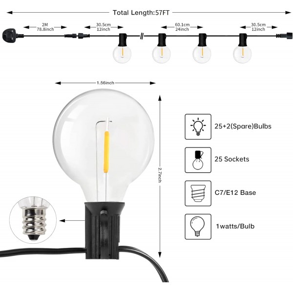 Pikapi G40 야외 연결 가능 LED 문자열 조명 50FT 꽃줄 조명 25+2 플라스틱 비산 방지 글로브 1W 전구, IP44 방수 2700K 따뜻한 흰색 파티오 조명 잡초 파티 정원