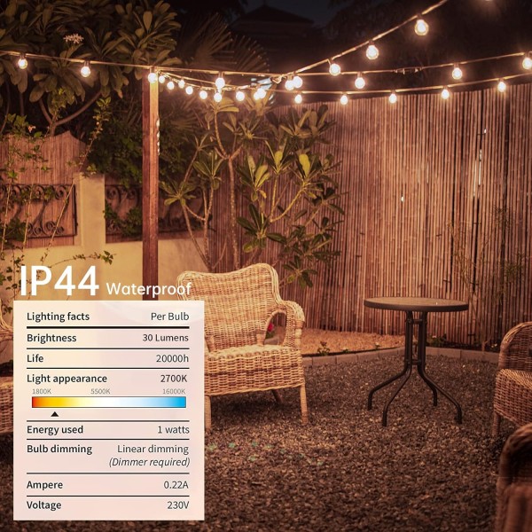 Pikapi G40 야외 연결 가능 LED 문자열 조명 50FT 꽃줄 조명 25+2 플라스틱 비산 방지 글로브 1W 전구, IP44 방수 2700K 따뜻한 흰색 파티오 조명 잡초 파티 정원