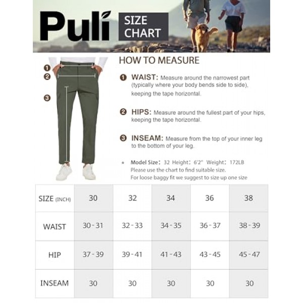 PULI 남성용 카고 바지 슬림핏 스트레치 낚시 퀵 드라이 방수 야외 하이킹 바지(포켓 포함)