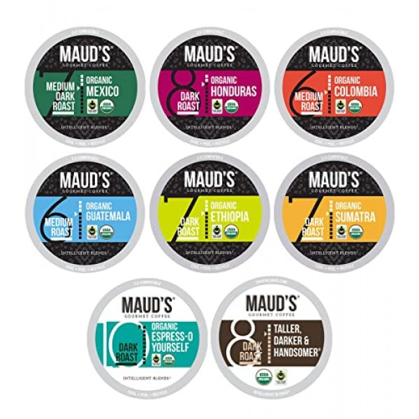 Maud's 유기농 커피 포드 버라이어티 팩, 56ct | 8가지 다양한 커피 맛 | 100% 유기농 아라비카 로스팅 커피 | Keurig K 컵 메이커와 호환되는 태양 에너지 생산 재활용 가능 포