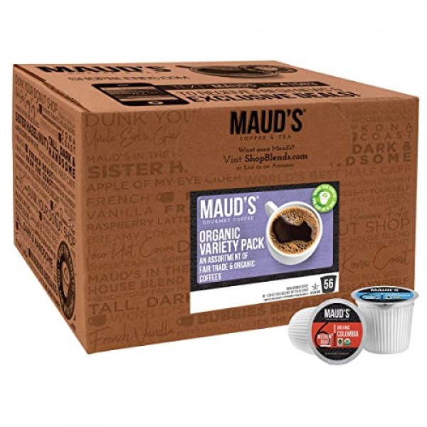 Maud's 유기농 커피 포드 버라이어티 팩, 56ct | 8가지 다양한 커피 맛 | 100% 유기농 아라비카 로스팅 커피 | Keurig K 컵 메이커와 호환되는 태양 에너지 생산 재활용 가능 포