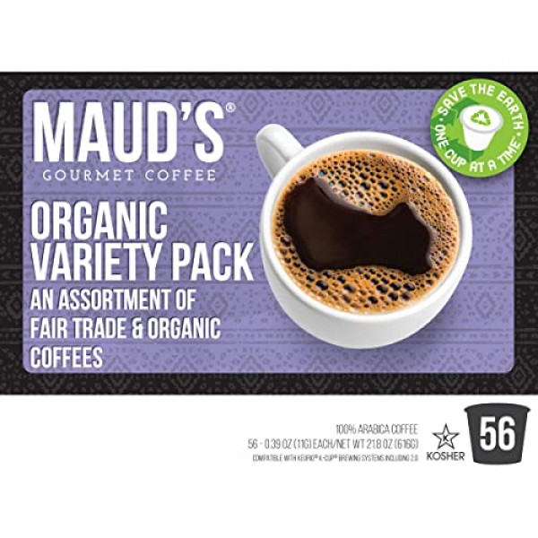 Maud's 유기농 커피 포드 버라이어티 팩, 56ct | 8가지 다양한 커피 맛 | 100% 유기농 아라비카 로스팅 커피 | Keurig K 컵 메이커와 호환되는 태양 에너지 생산 재활용 가능 포