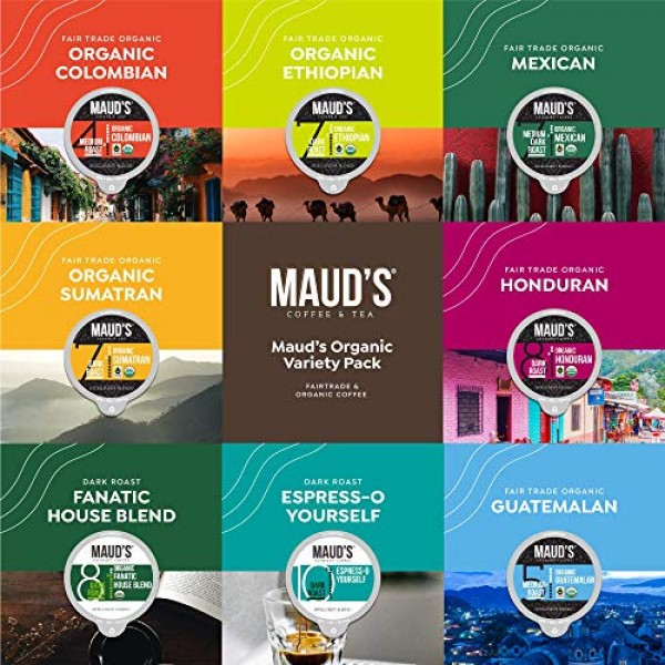 Maud's 유기농 커피 포드 버라이어티 팩, 56ct | 8가지 다양한 커피 맛 | 100% 유기농 아라비카 로스팅 커피 | Keurig K 컵 메이커와 호환되는 태양 에너지 생산 재활용 가능 포