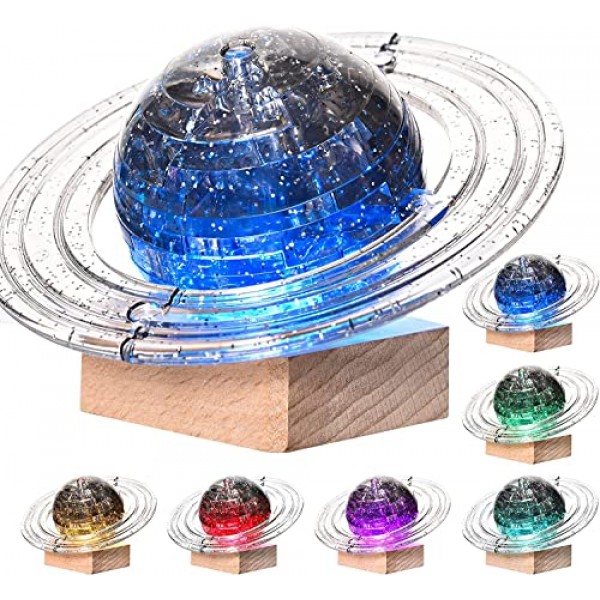 3D 크리스탈 퍼즐, 3D 토성 퍼즐 DIY 조립 브레인 티저(라이트업 목재 베이스 포함), 플라스틱 크리스탈 퍼즐 재미있는 모델 장난감 선물 장식 성인 및 어린이 14세 이상, 